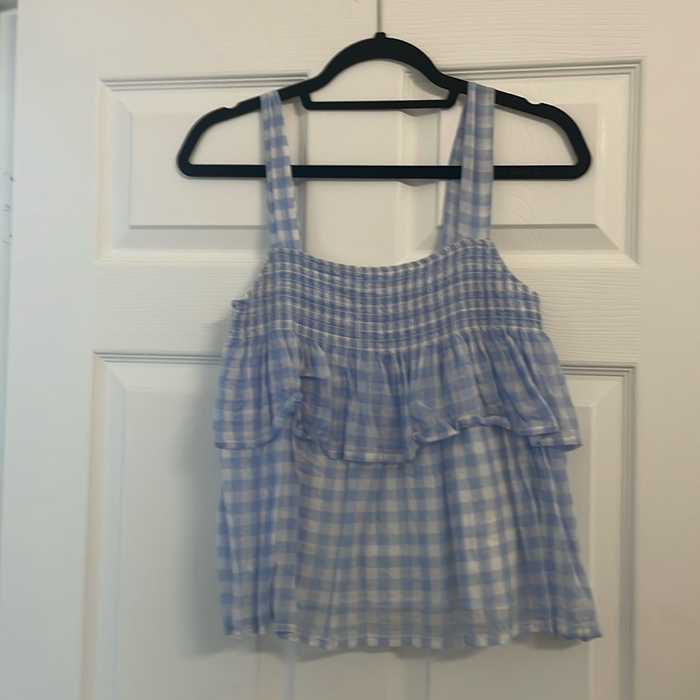 Rebecca Minkoff light blue gingham smocked top with tiers